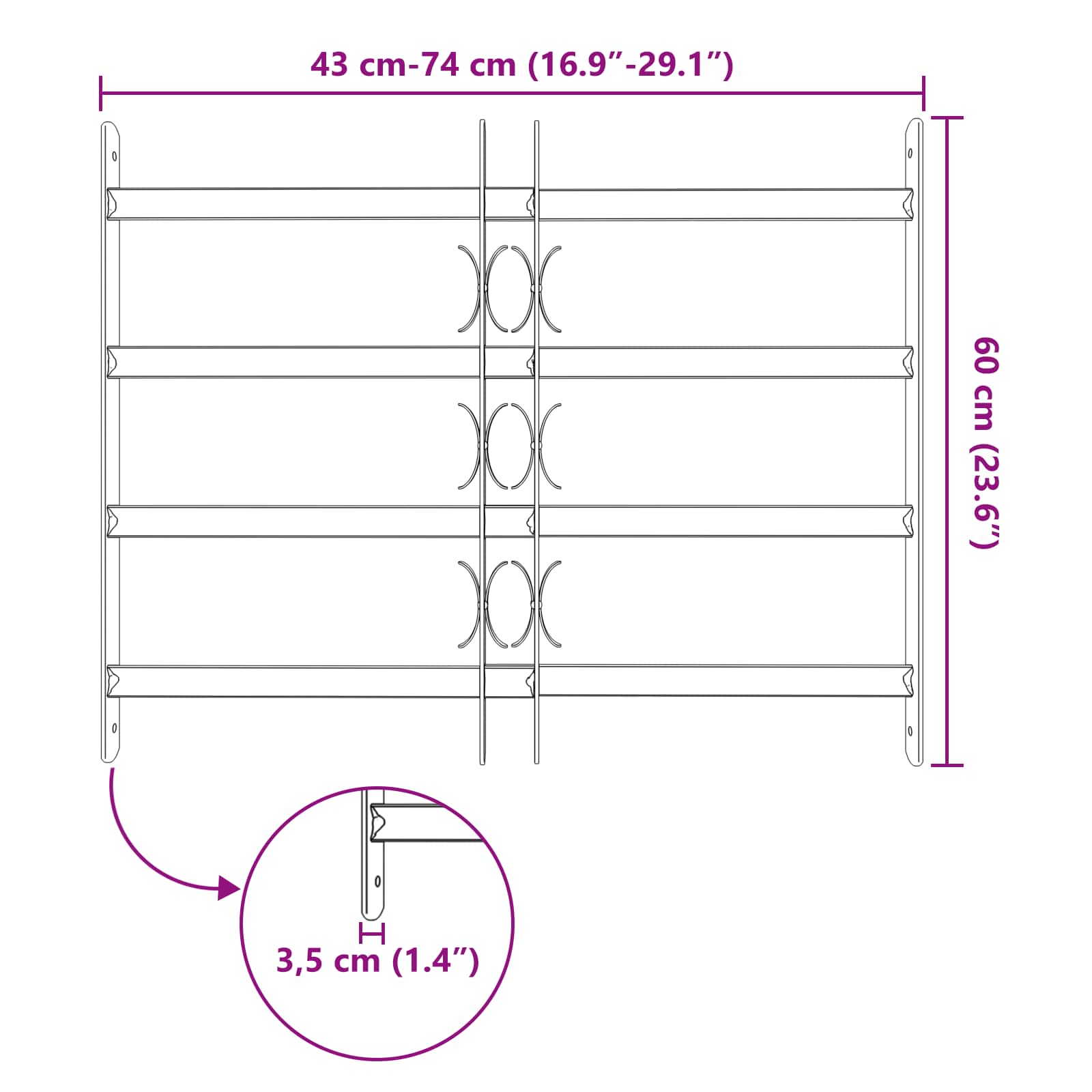 Sigurnosna rešetka za prozore s 4 poprečne šipke 3 pcs 43-74 cm