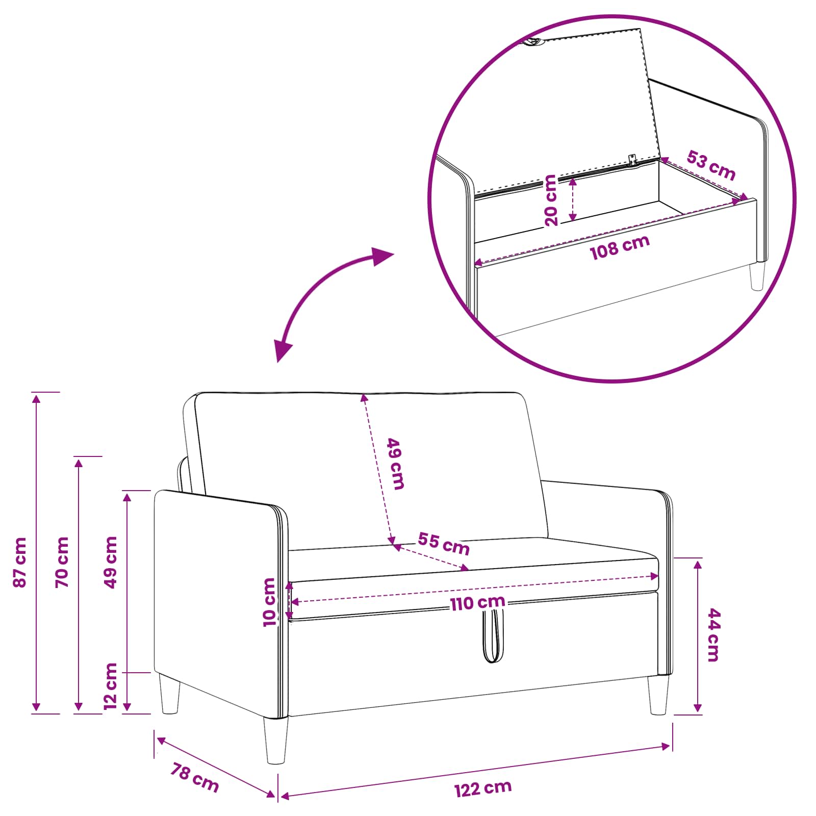 Sofa s pohranom Vinska crvena 122 x 78 x 87 cm Poliester