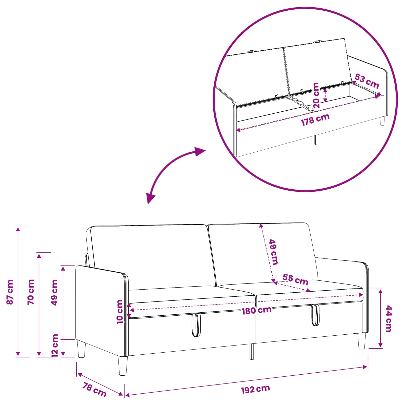 Sofa s pohranom Vinska crvena 192 x 78 x 87 cm Poliester