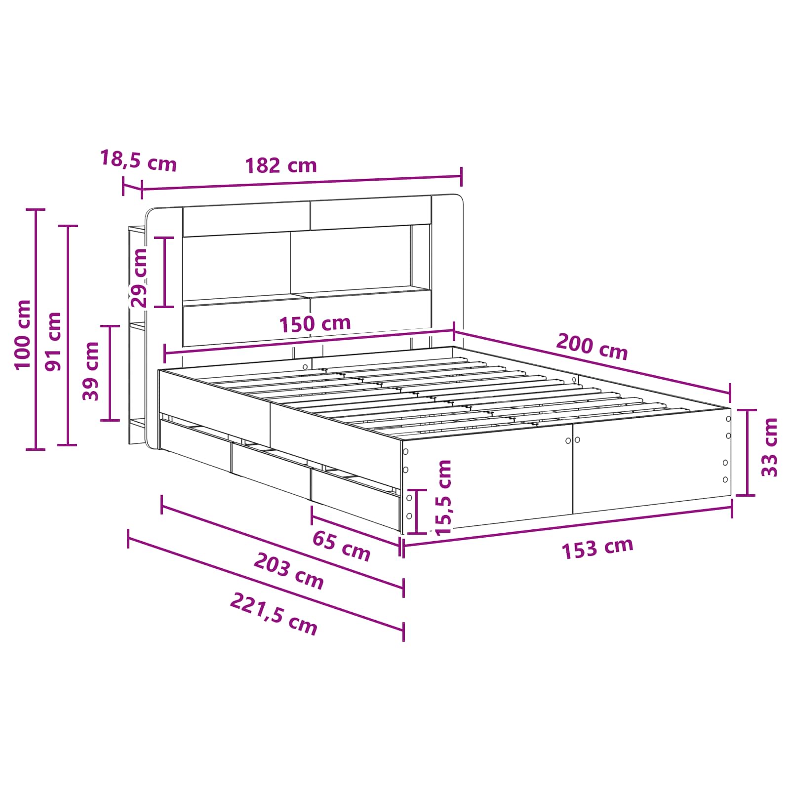 Okvir kreveta s pohranom Crna 150 x 200 cm Konstruirano drvo