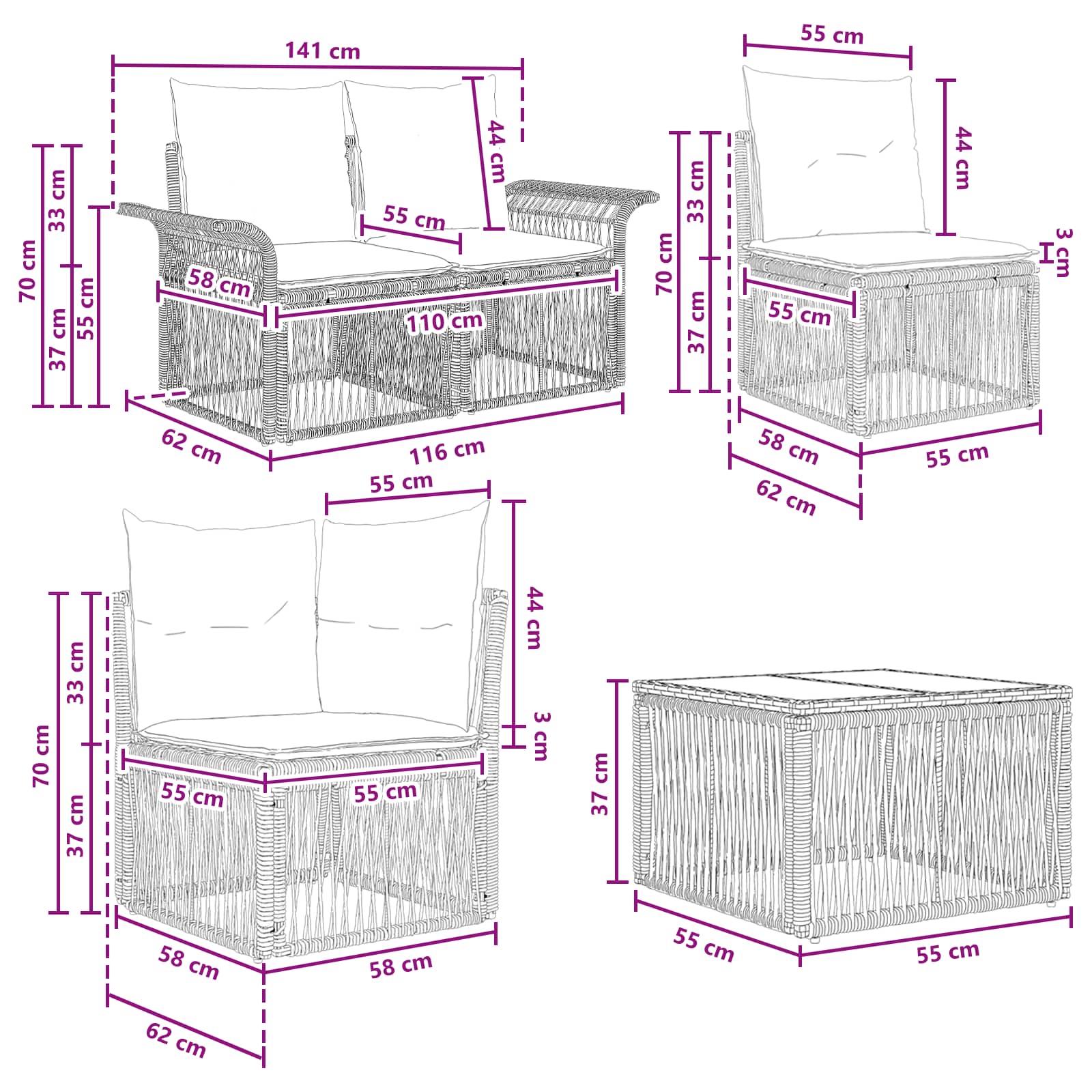 Sjedeća garnitura za vrt 14 pcs Crna i krem-bijela poliratan