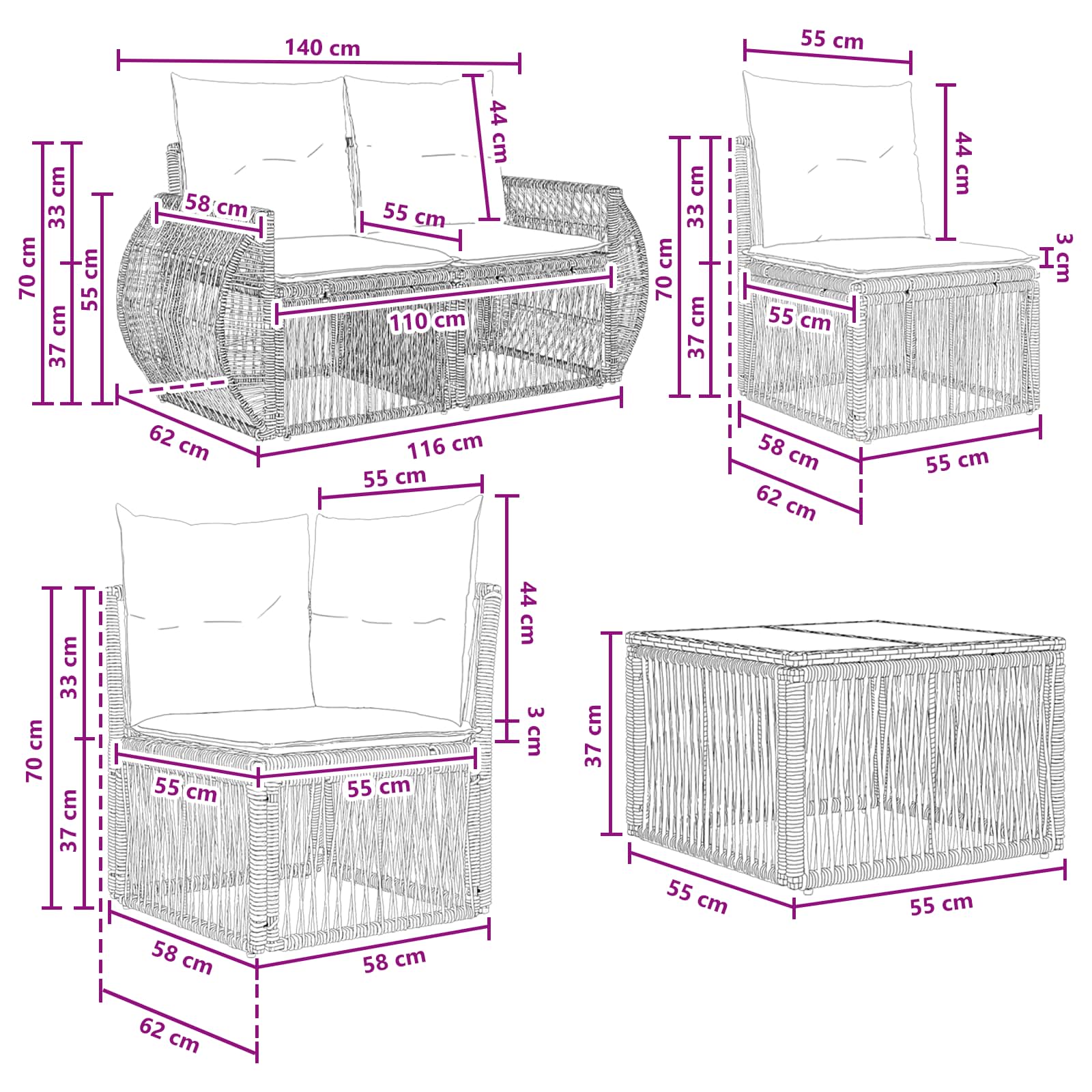 Sjedeća garnitura za vrt 14 pcs Crna i krem-bijela poliratan