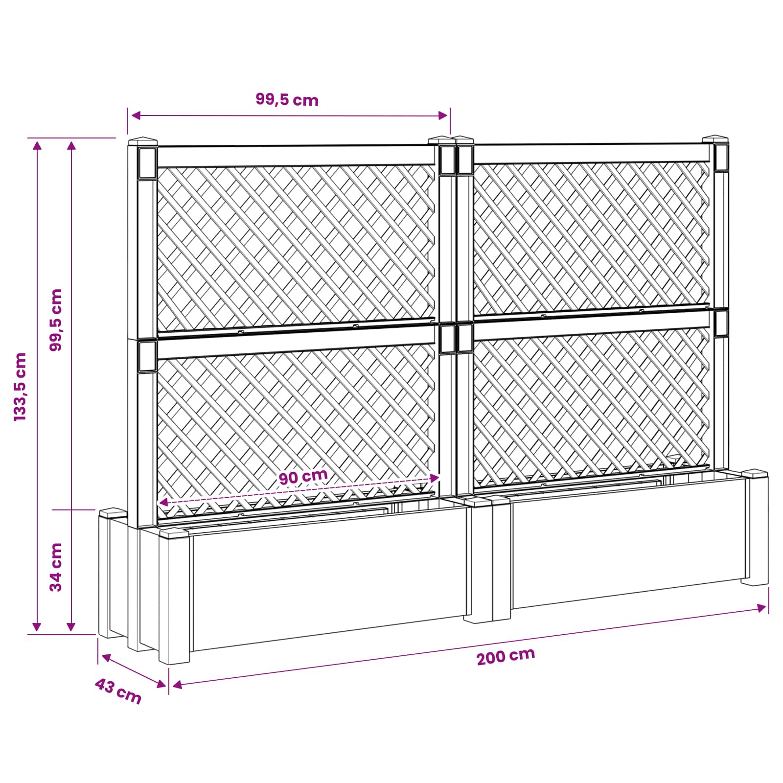 Velika saksija s rešetkom 2 pcs Siva 200 x 43 x 133,5 cm PP