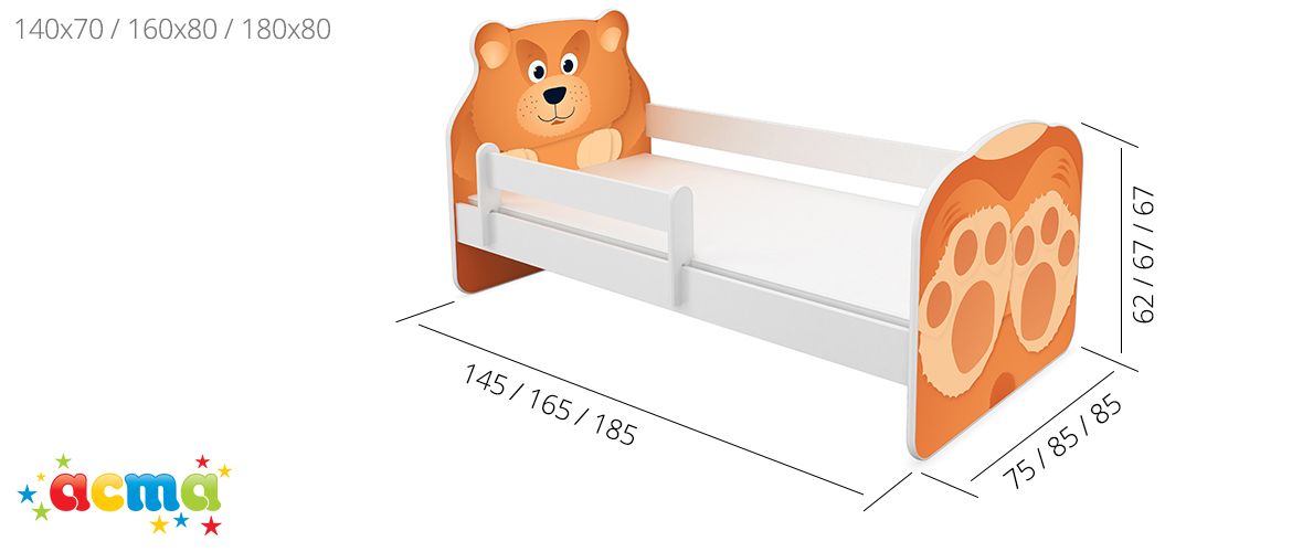 Dječji krevet ACMA Animals, bočna bijela + ladica 140x70 cm 05 Medo