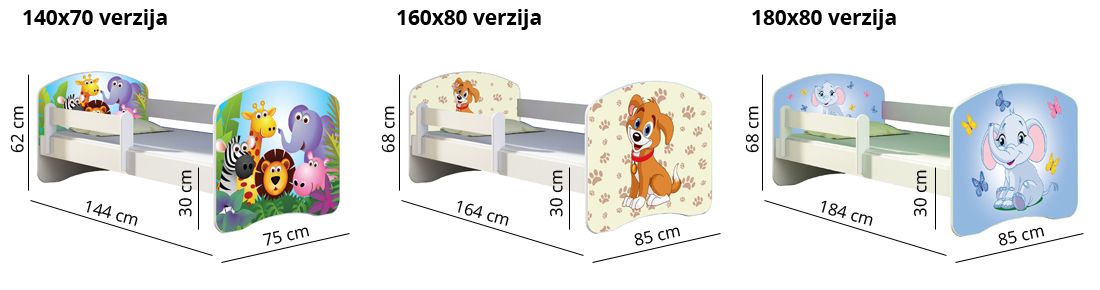 Dječji krevet ACMA s motivom, bočna bijela + ladica 140x70 cm 02 Animals