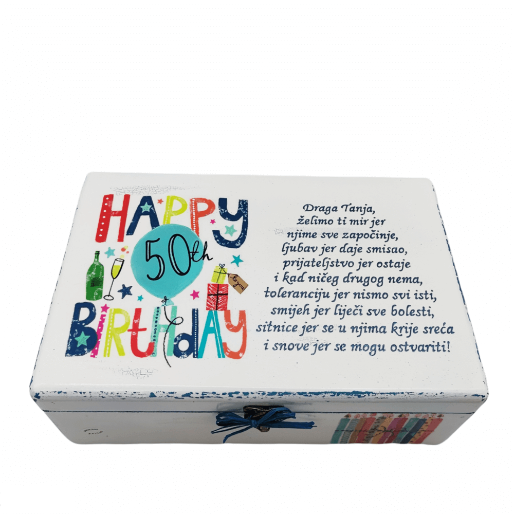 Unikatna kutija za rođendan - personalizirani poklon s porukom ljubavi i sreće - 1. Happy birthday - plavo Š1807