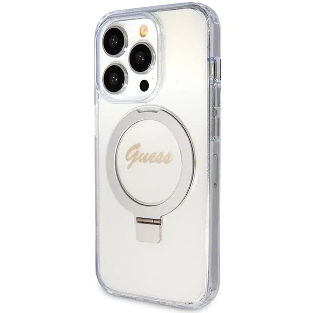 Originalna GUESS Hardcase GUHMP15XHRSGSD torbica za iPhone 15 Pro Max (Magsafe / Glitter Script Logo / stalak za prsten / prozirna)