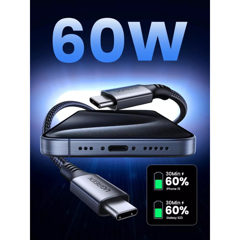 UGREEN US567 USB-C na USB-C kabel 60W 3A 2m sivi