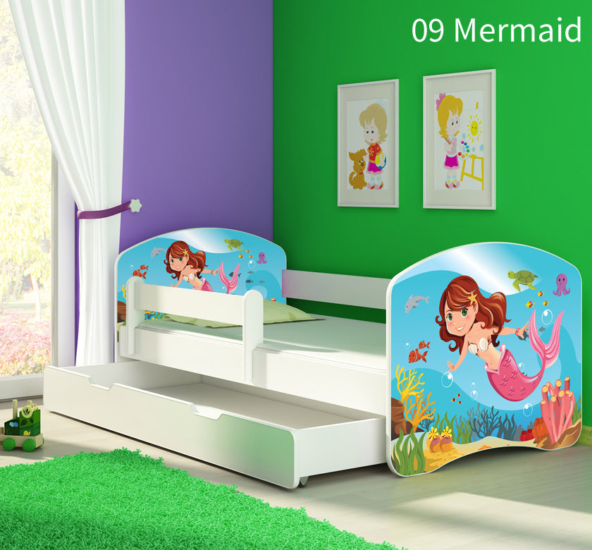 Dječji krevet ACMA s motivom, bočna bijela + ladica 140x70 cm 09 Mermaid