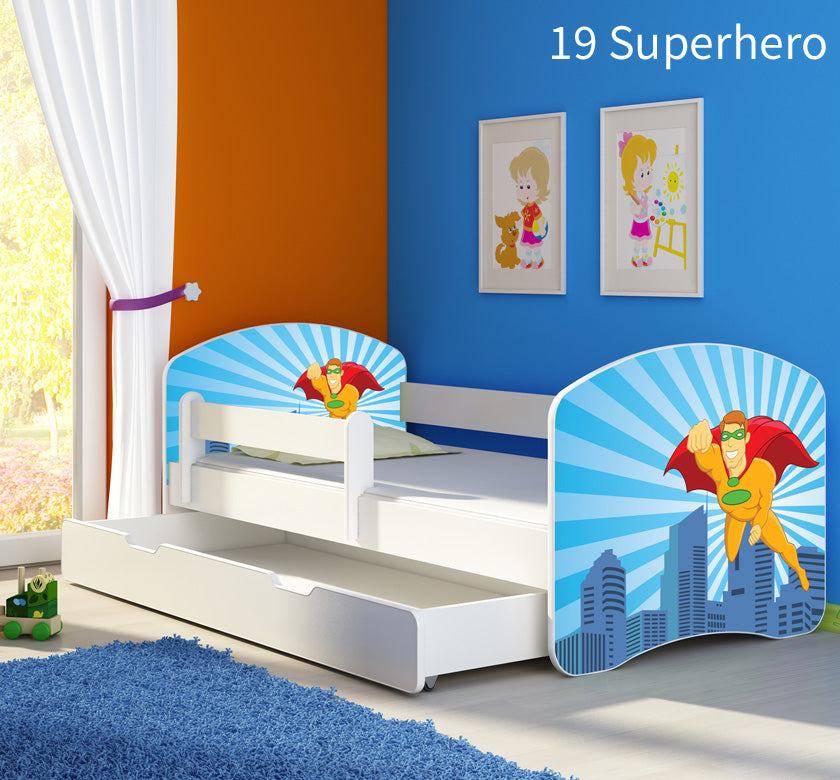 Dječji krevet ACMA s motivom, bočna bijela + ladica 160x80 cm 19 Superhero