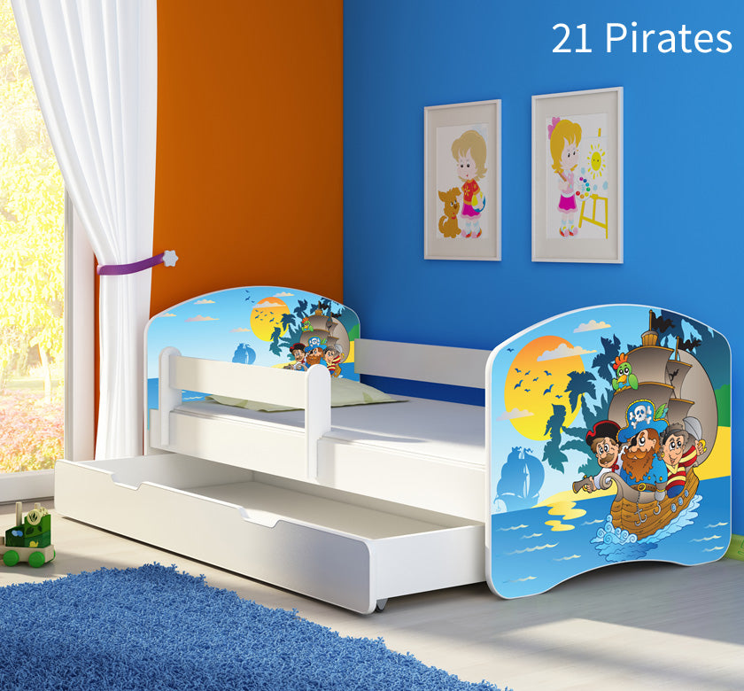 Dječji krevet ACMA s motivom, bočna bijela + ladica 140x70 cm 21 Pirates