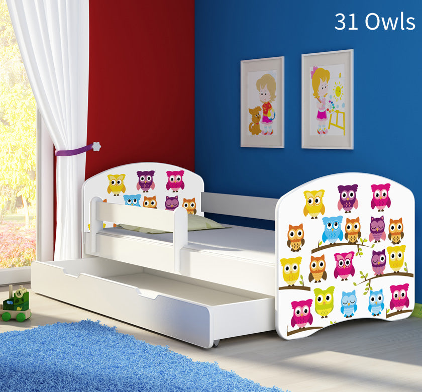 Dječji krevet ACMA s motivom, bočna bijela + ladica 140x70 cm 31 Owls