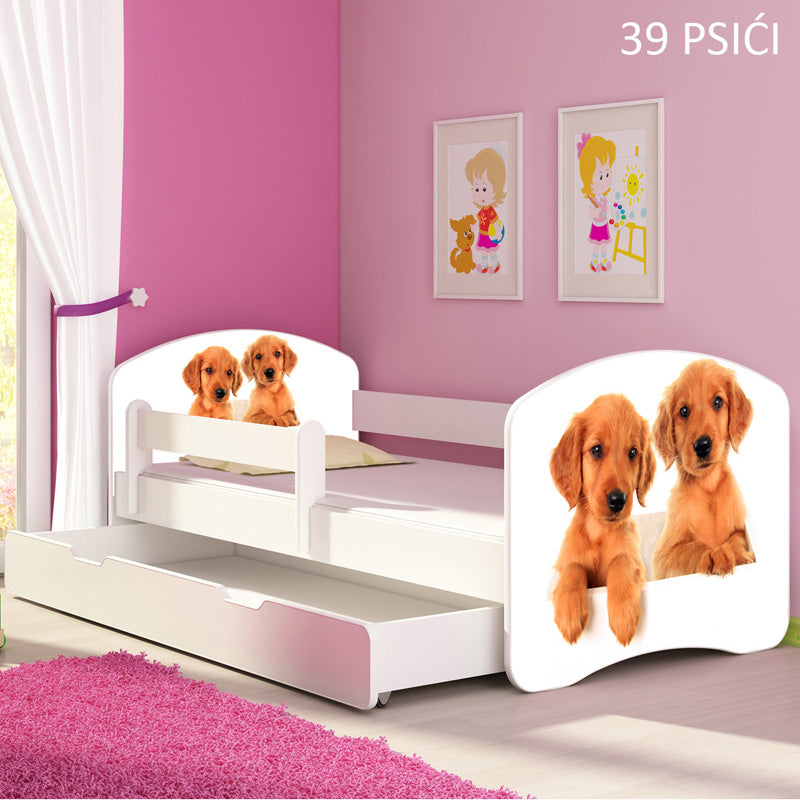 Dječji krevet ACMA s motivom, bočna bijela + ladica 140x70 cm 39 Psići