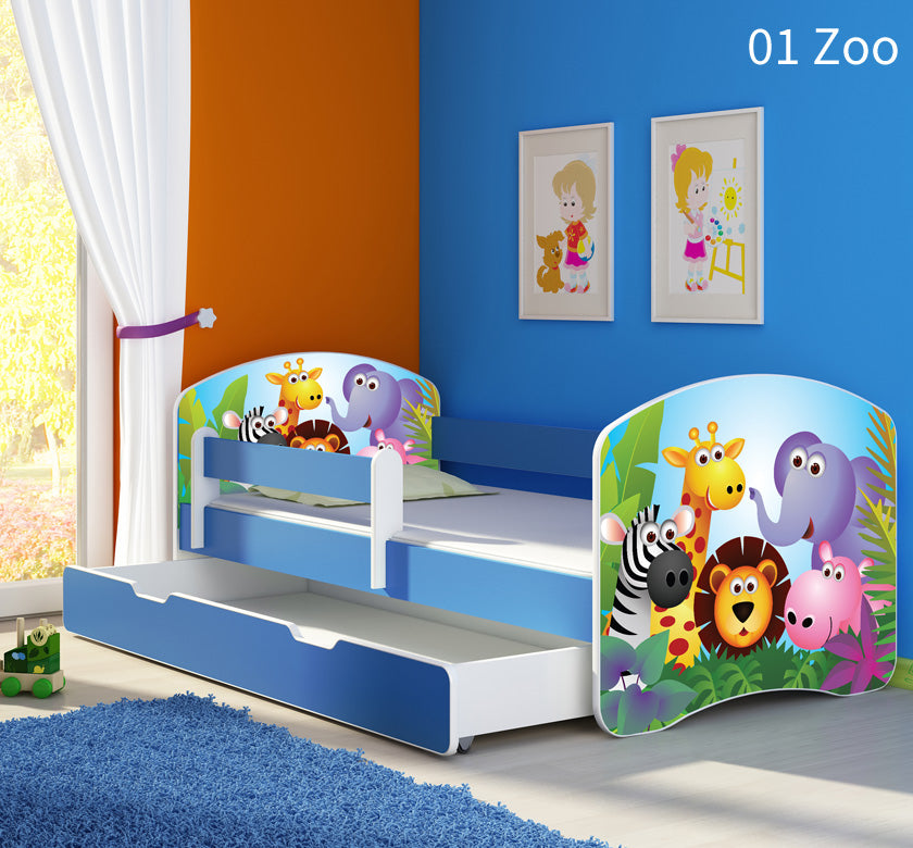 Dječji krevet ACMA s motivom, bočna plava + ladica 180x80 cm 01 Zoo