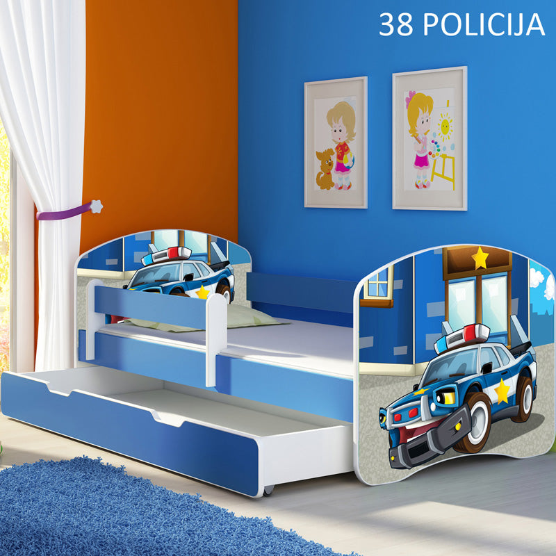 Dječji krevet ACMA s motivom, bočna plava + ladica 140x70 cm 38 Policija