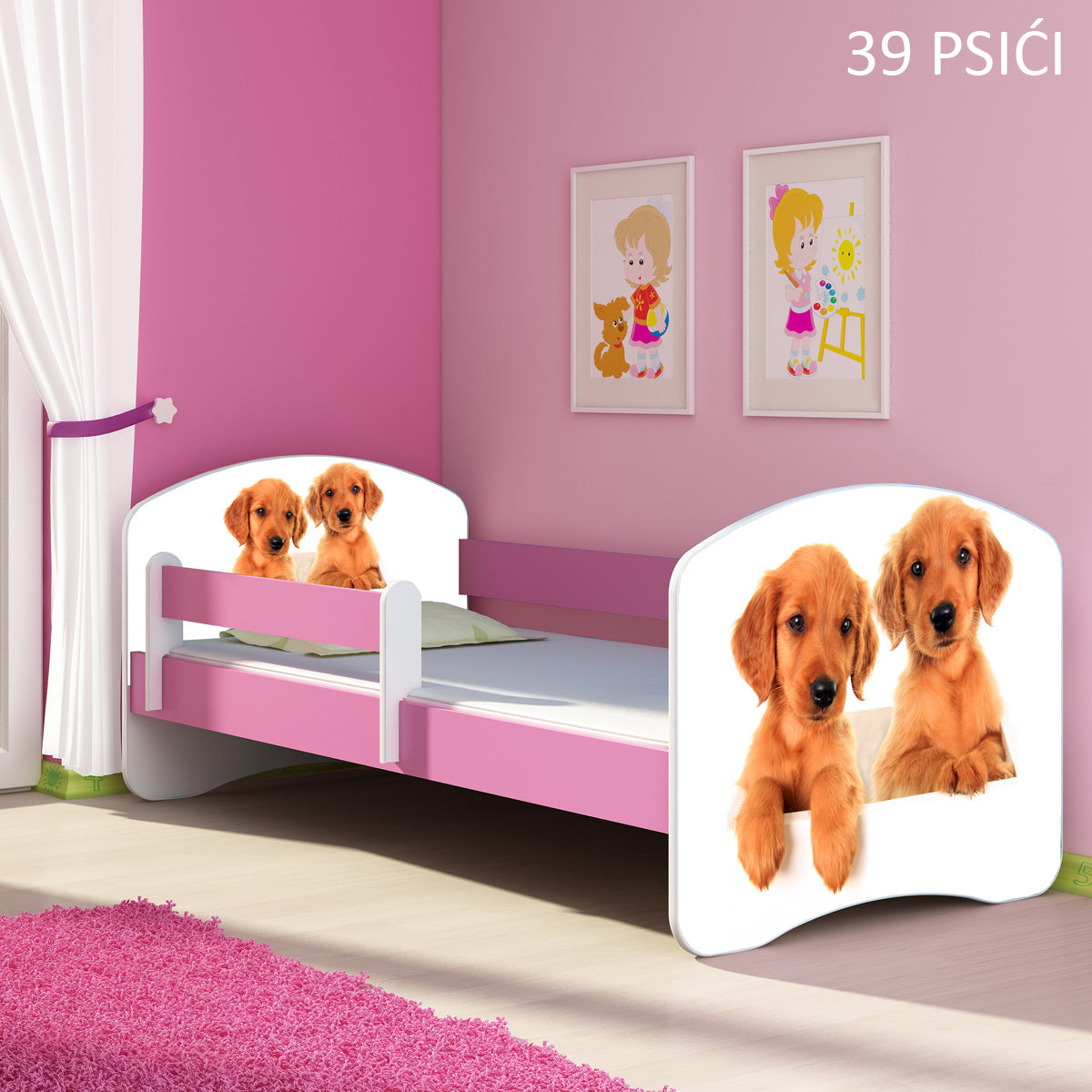 Dječji krevet ACMA s motivom, bočna roza 160x80 cm 39 Psići