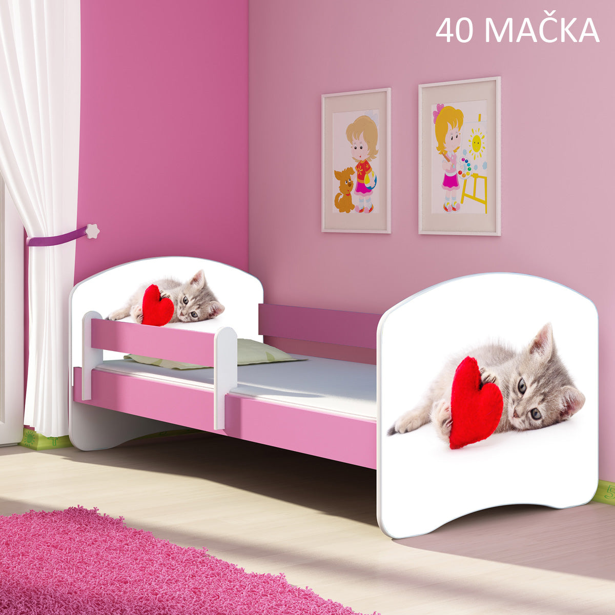 Dječji krevet ACMA s motivom, bočna roza 160x80 cm 40 Mačka