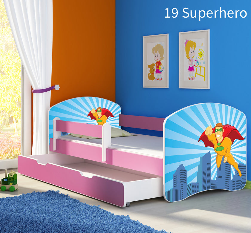 Dječji krevet ACMA s motivom, bočna roza + ladica 180x80 cm 19 Superhero