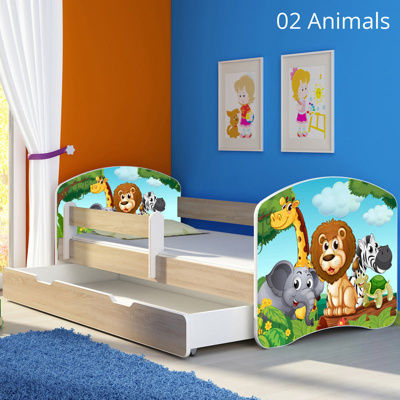 Dječji krevet ACMA s motivom, bočna sonoma + ladica 180x80 cm 02 Animals