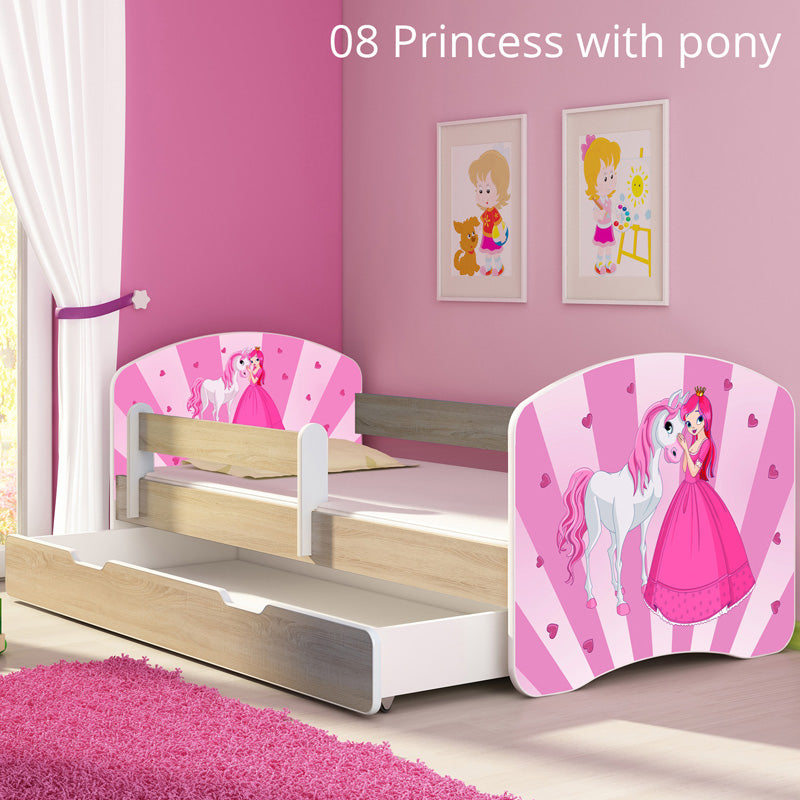 Dječji krevet ACMA s motivom, bočna sonoma + ladica 160x80 cm 08 Princess with Pony