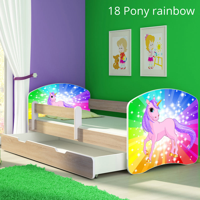 Dječji krevet ACMA s motivom, bočna sonoma + ladica 140x70 cm 18 Pony on a rainbow
