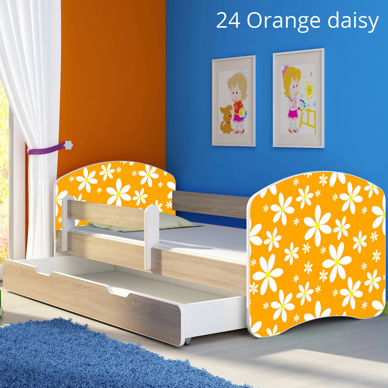 Dječji krevet ACMA s motivom, bočna sonoma + ladica 140x70 cm 24 Orange Daisy