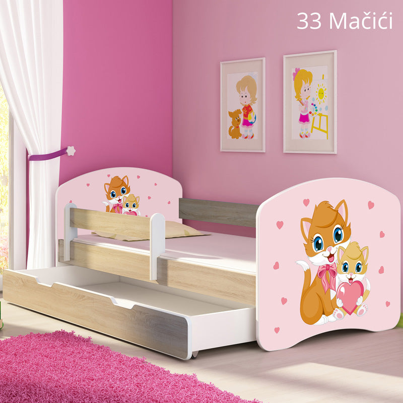 Dječji krevet ACMA s motivom, bočna sonoma + ladica 140x70 cm 33 Cats