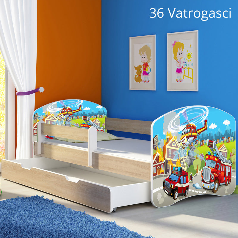 Dječji krevet ACMA s motivom, bočna sonoma + ladica 160x80 cm 36 Vatrogasci