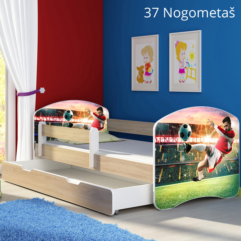 Dječji krevet ACMA s motivom, bočna sonoma + ladica 140x70 cm 37 Nogometaš