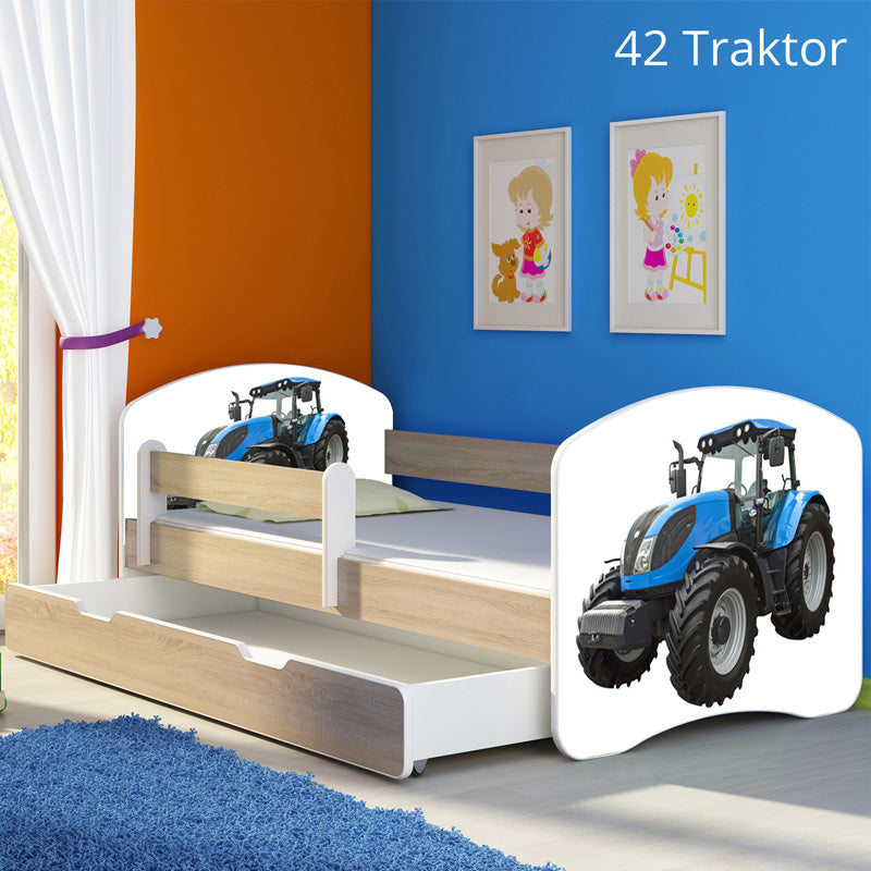 Dječji krevet ACMA s motivom, bočna sonoma + ladica 160x80 cm 42 Traktor