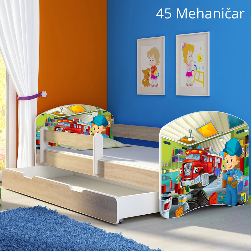 Dječji krevet ACMA s motivom, bočna sonoma + ladica 140x70 cm 45 Mehaničar