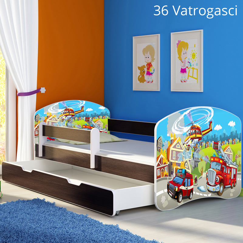 Dječji krevet ACMA s motivom, bočna wenge + ladica 180x80 cm 36 Vatrogasci