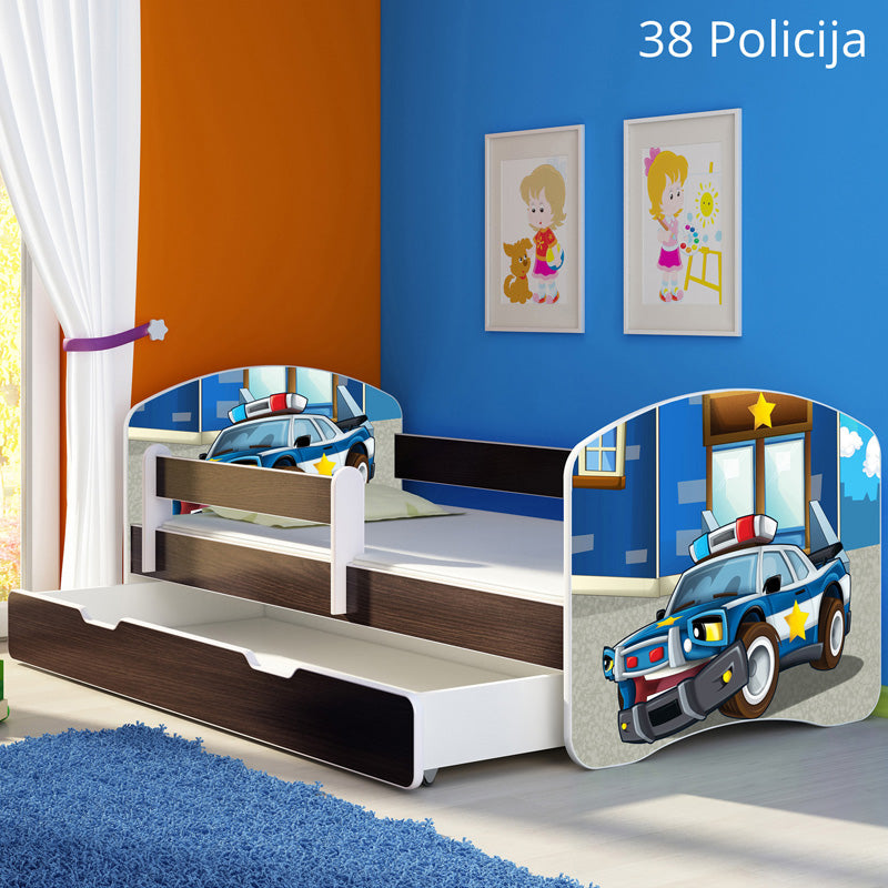 Dječji krevet ACMA s motivom, bočna wenge + ladica 140x70 cm 38 Policija
