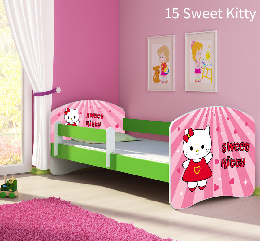 Dječji krevet ACMA s motivom, bočna zelena 140x70 cm 15 Sweet Kitty