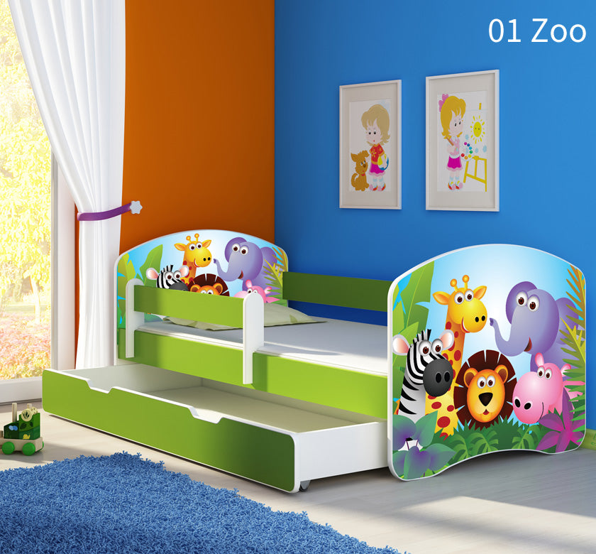 Dječji krevet ACMA s motivom, bočna zelena + ladica 160x80 cm 01 Zoo