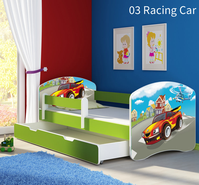 Dječji krevet ACMA s motivom, bočna zelena + ladica 160x80 cm 03 Racing Car