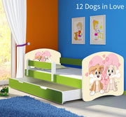 Dječji krevet ACMA s motivom, bočna zelena + ladica 180x80 cm 12 Dogs in Love