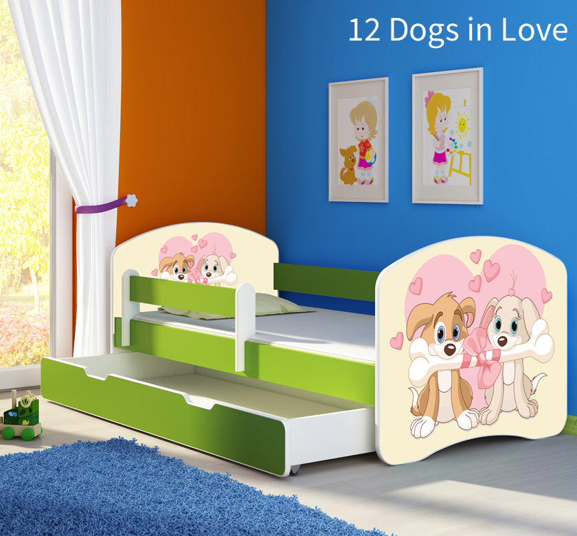 Dječji krevet ACMA s motivom, bočna zelena + ladica 180x80 cm 12 Dogs in Love