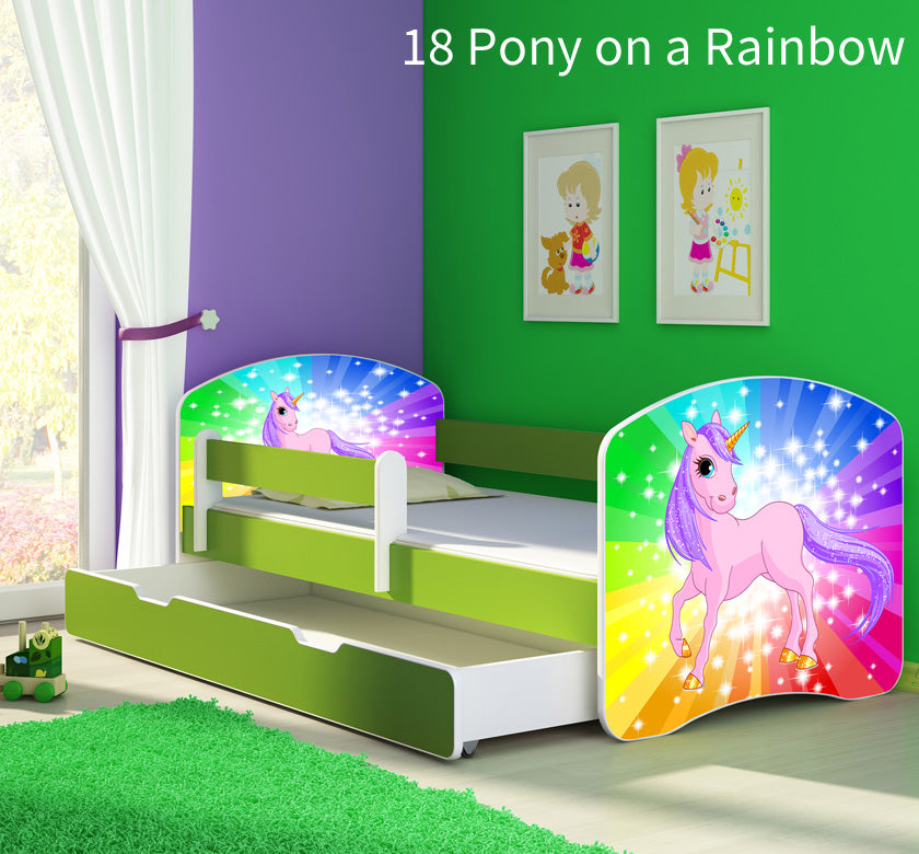 Dječji krevet ACMA s motivom, bočna zelena + ladica 180x80 cm 18 Pony on a rainbow