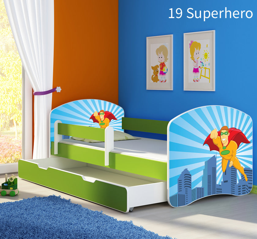 Dječji krevet ACMA s motivom, bočna zelena + ladica 180x80 cm 19 Superhero