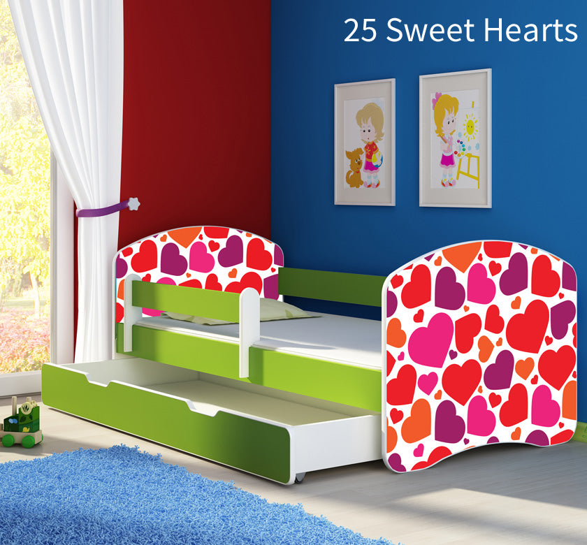 Dječji krevet ACMA s motivom, bočna zelena + ladica 160x80 cm 25 Sweet hearts