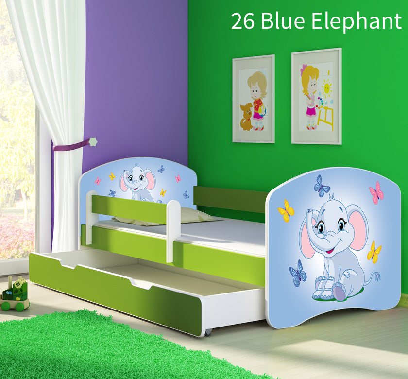 Dječji krevet ACMA s motivom, bočna zelena + ladica 160x80 cm 26 Blue Elephant