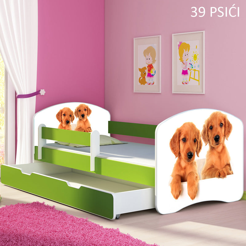 Dječji krevet ACMA s motivom, bočna zelena + ladica 160x80 cm 39 Psići