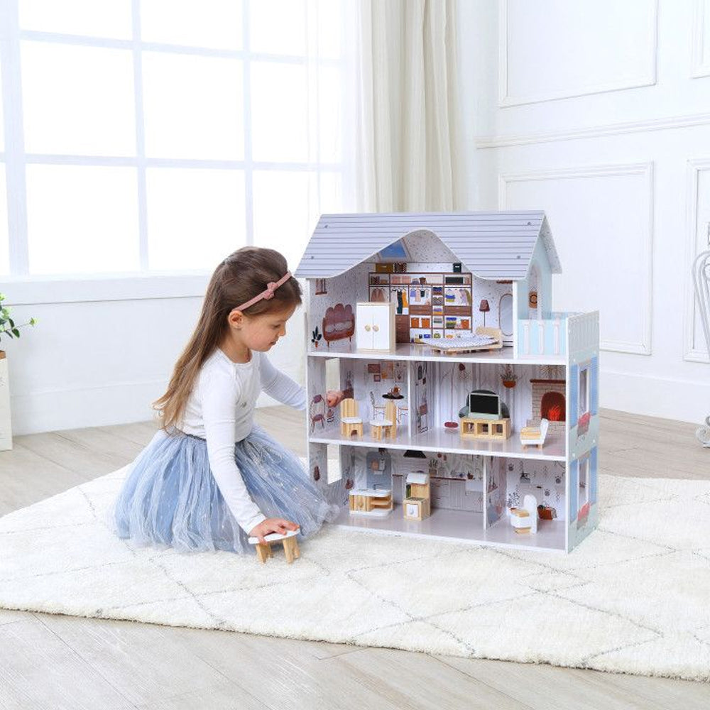 Ecotoys Drvena kućica za lutke Emma s namještajem