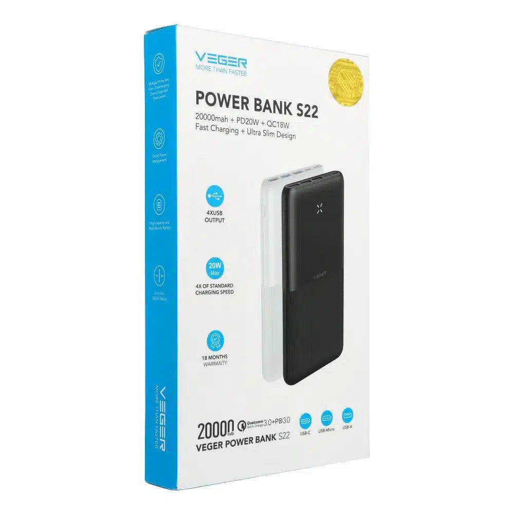 VEGER prijenosni punjač 20000mAh PD QC3.0 3A 20W crni
