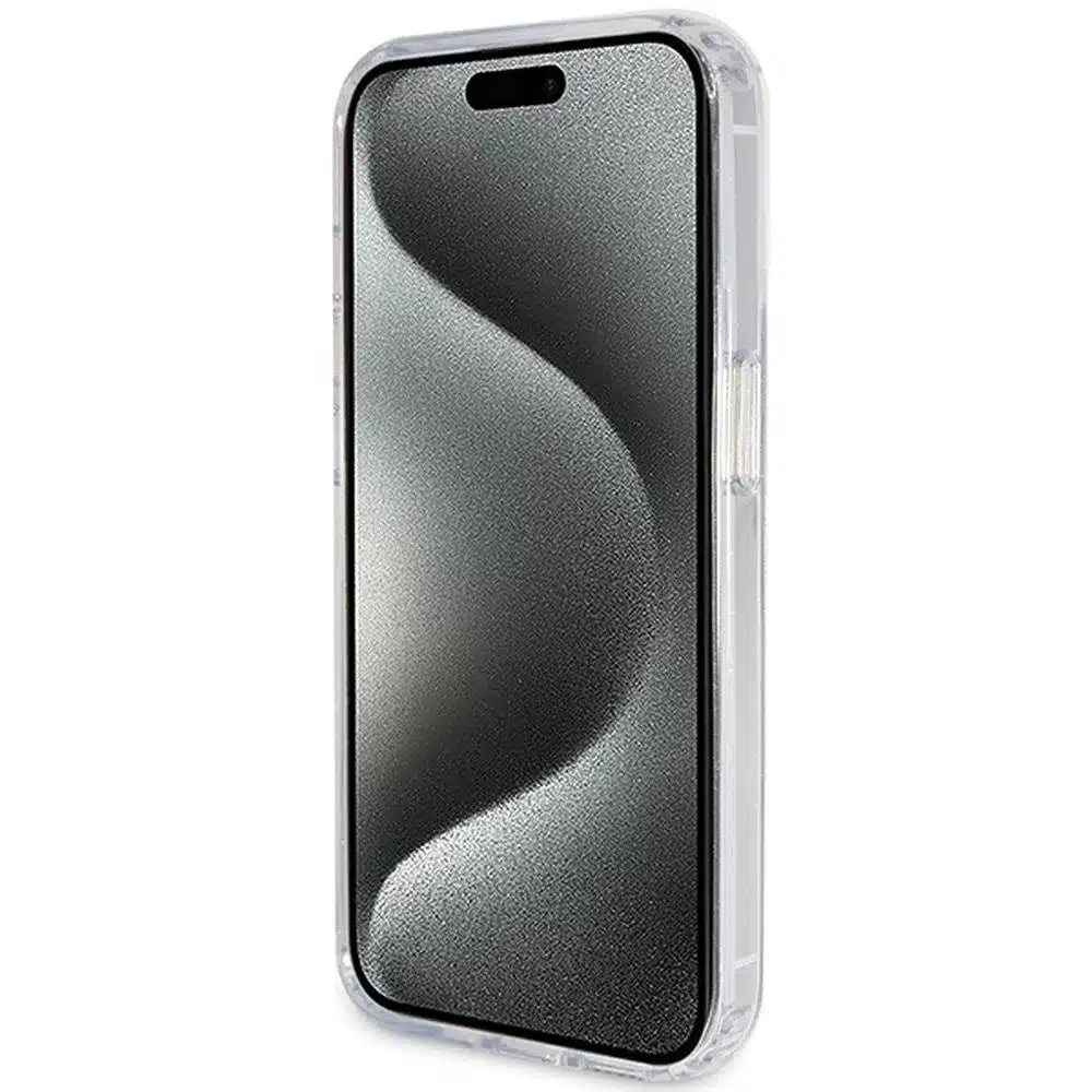 Originalna GUESS Hardcase GUHMP15XHRSGSD torbica za iPhone 15 Pro Max (Magsafe / Glitter Script Logo / stalak za prsten / prozirna)