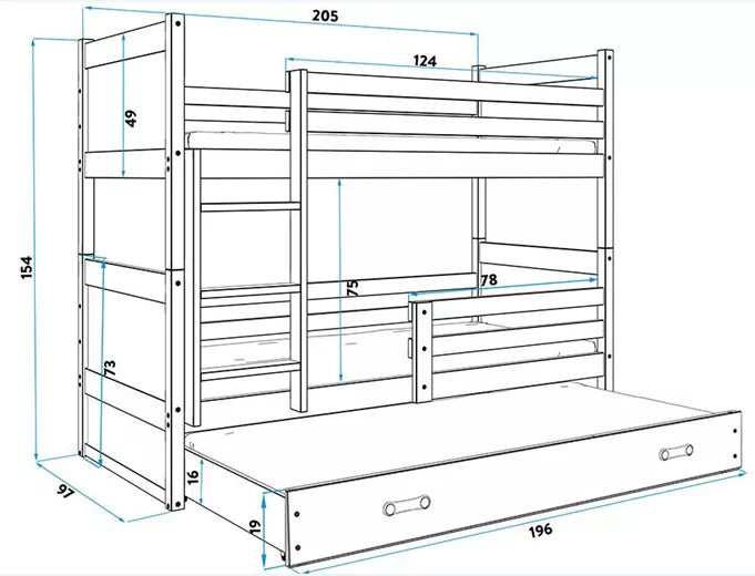Krevet BMS Rico na kat za 3 osobe 200x90 cm, PINE roza