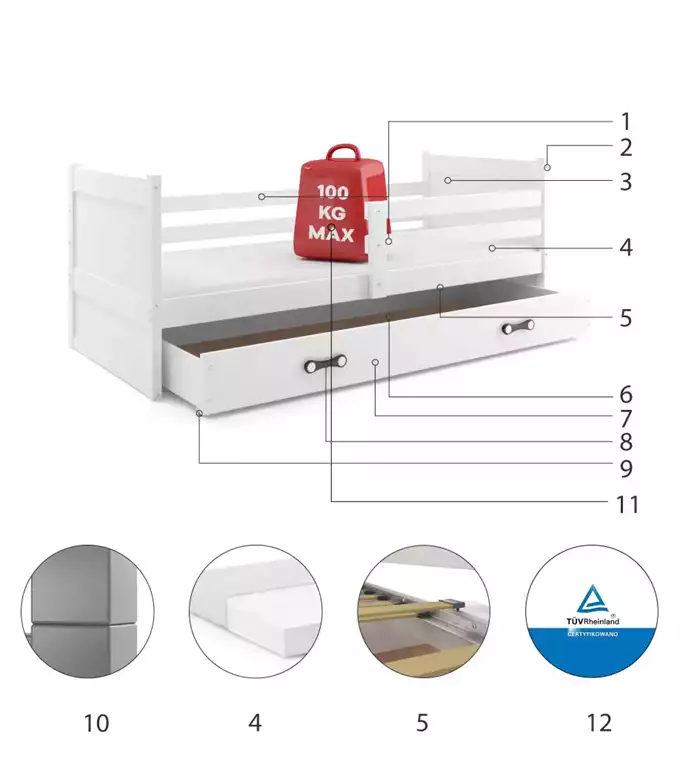 Krevet BMS Rico + ladica 200x90 cm, BIA bijela
