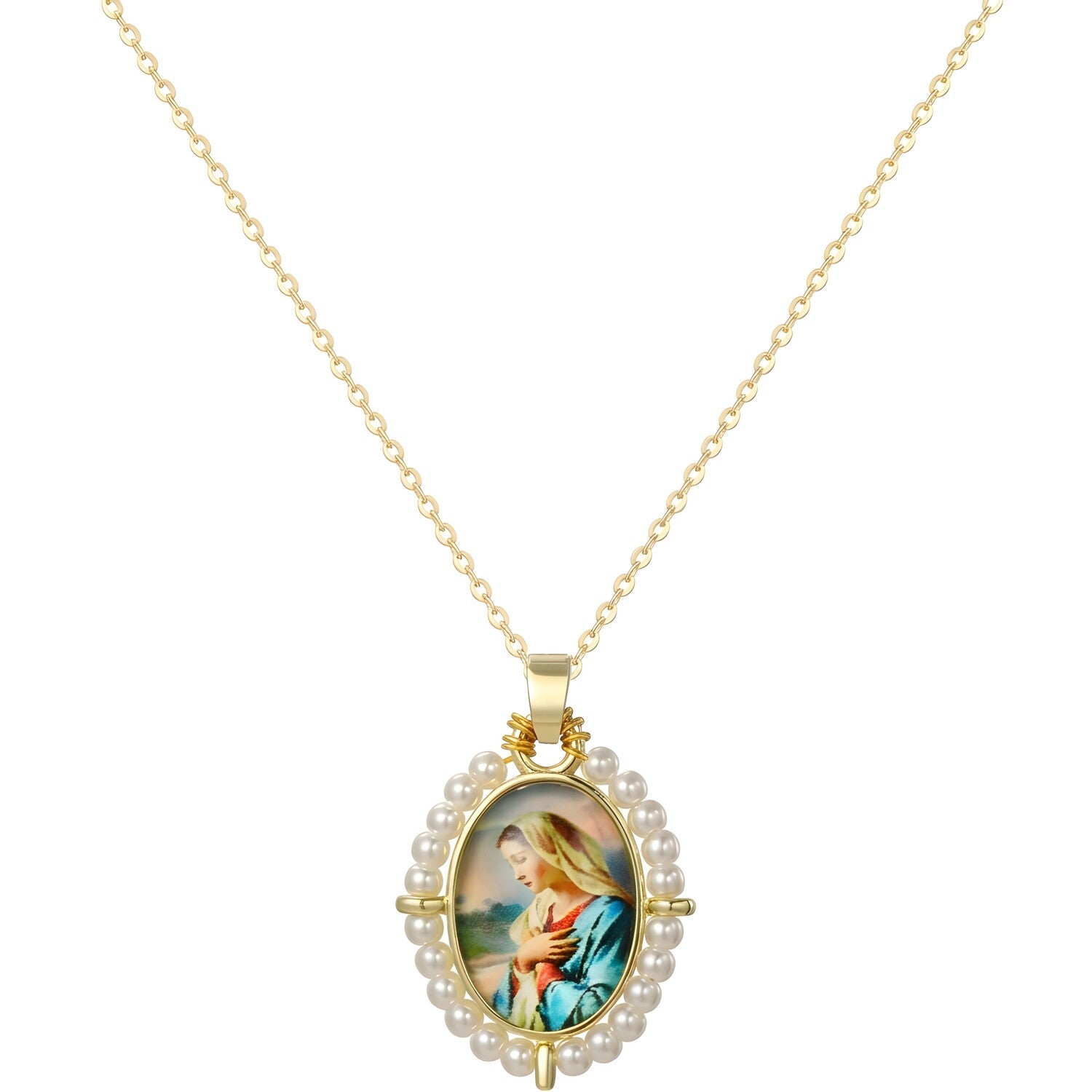 Ogrlica Medaljon Djevica Marija PM-41177 - Zlatna / Bijela / Tip2 KP41177