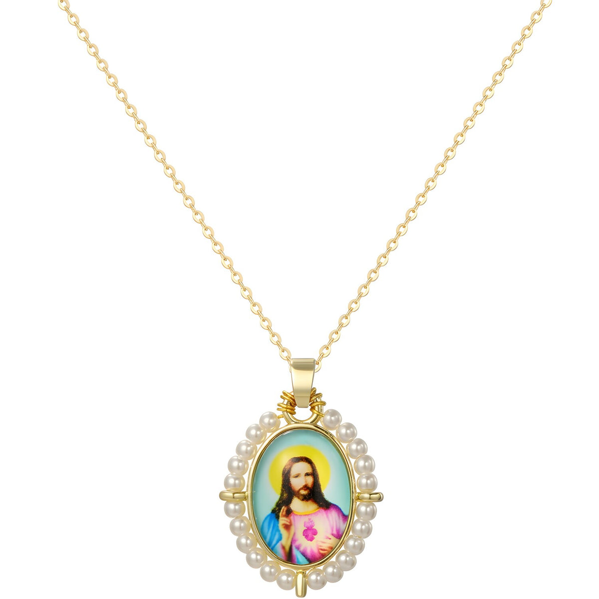 Ogrlica Medaljon Isus PM-41179 - Zlatna / Bijela / Tip4 KP41179